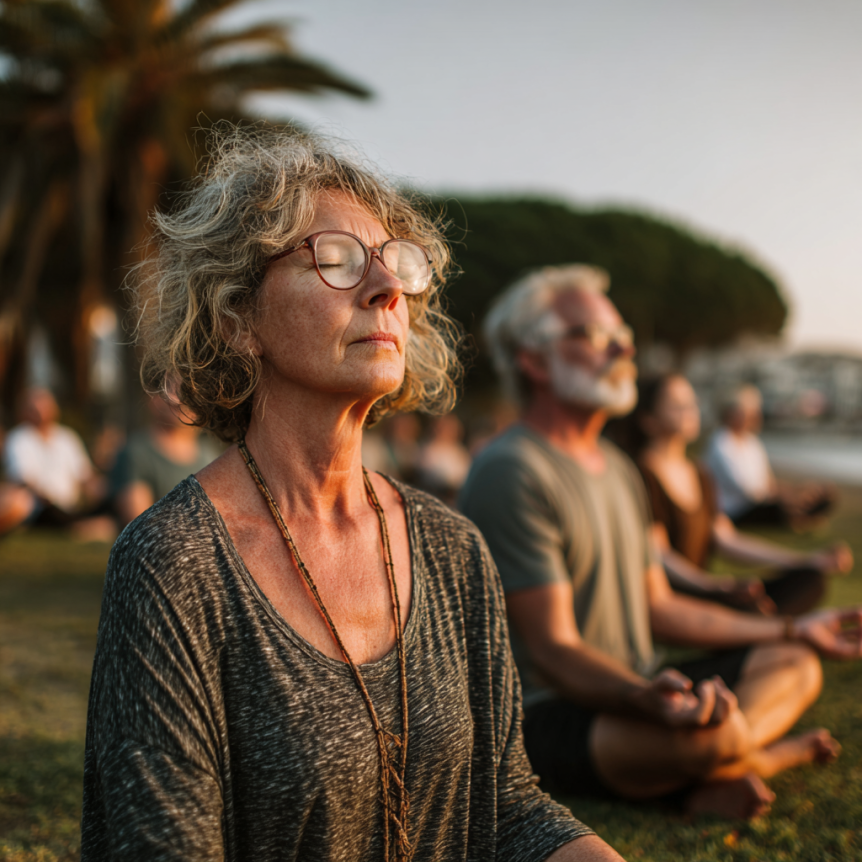 Възрастни хора в йога поза